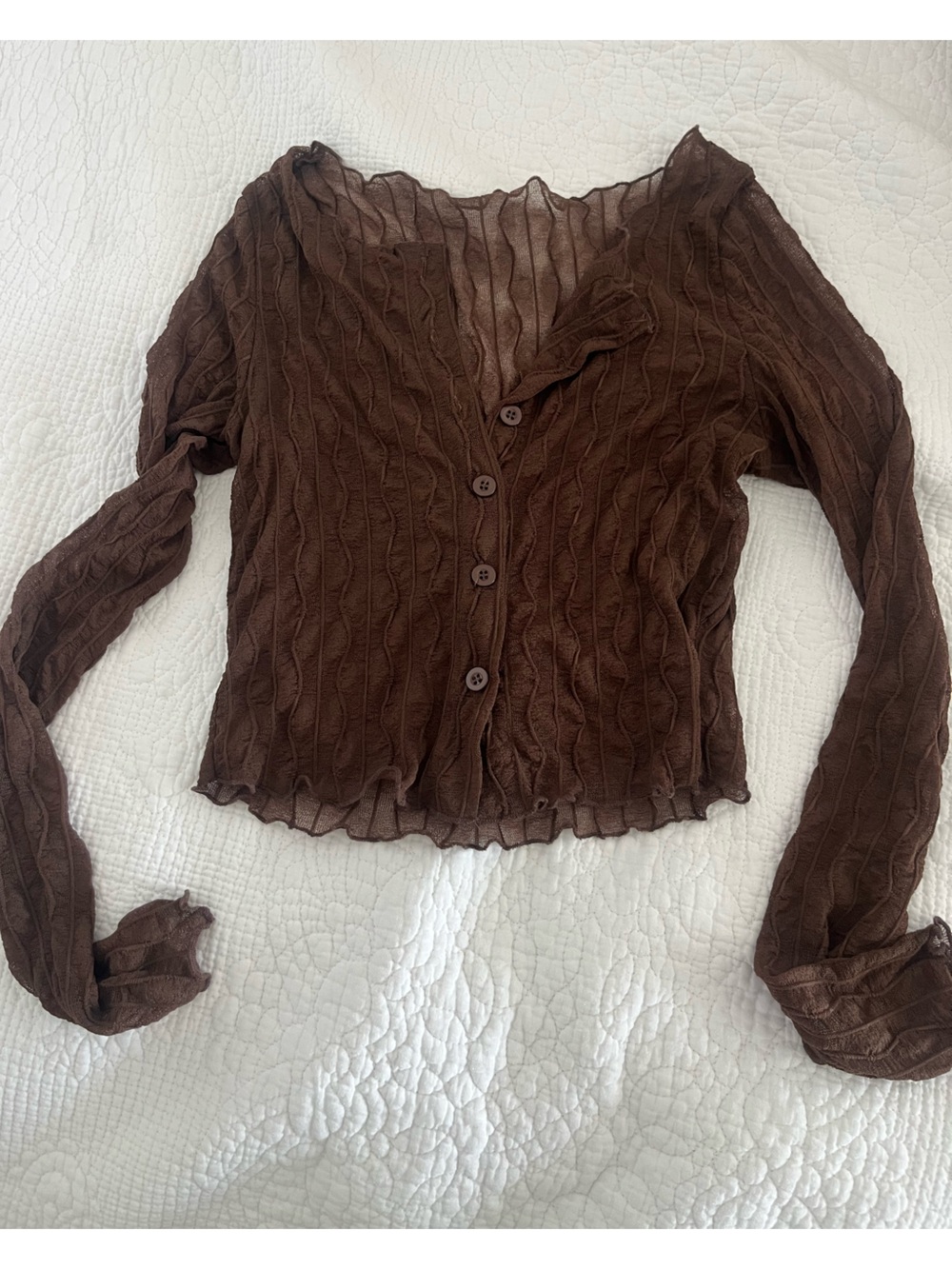 Brown Sheer Ruffled Button-Front Cardigan - Picture 2 of 2